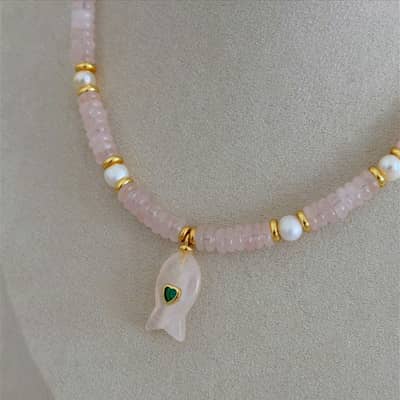 Natural Stone and Freshwater Pearl Fish Pendant Choker, 18K Gold, Boho detail 5