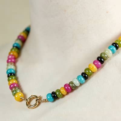 Bohemian Rainbow Gemstone Abacus Bead Choker, Gold Circle Spring Clasp detail 3