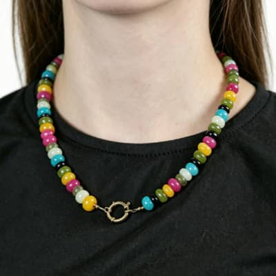 Bohemian Rainbow Gemstone Abacus Bead Choker, Gold Circle Spring Clasp detail 4