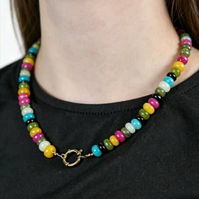 Bohemian Rainbow Gemstone Abacus Bead Choker, Gold Circle Spring Clasp detail 5