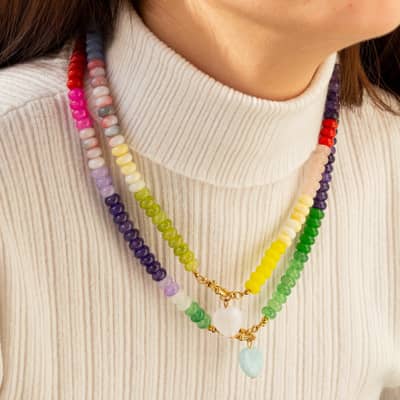 Bohemian Gemstone Abacus Bead Choker, 18K Gold Spring Ring Clasp Heart Pendant detail 3