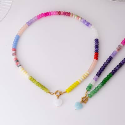 Bohemian Gemstone Abacus Bead Choker, 18K Gold Spring Ring Clasp Heart Pendant detail 4