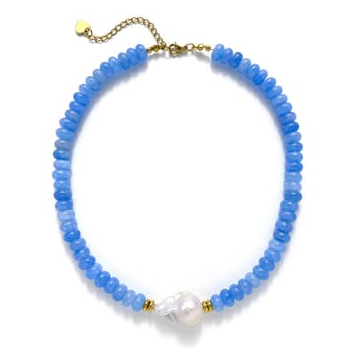 Bohemian Blue Natural Stone and Baroque Pearl Pendant Necklace, 18K Gold detail 5