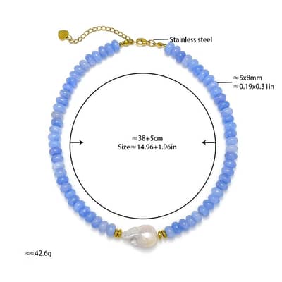 Bohemian Blue Natural Stone and Baroque Pearl Pendant Necklace, 18K Gold detail 6