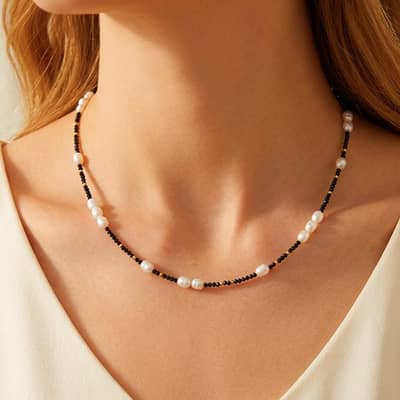Freshwater Pearl and Black Natural Stone Bead Choker, 18K Gold Stainless Steel, Boho detail 1