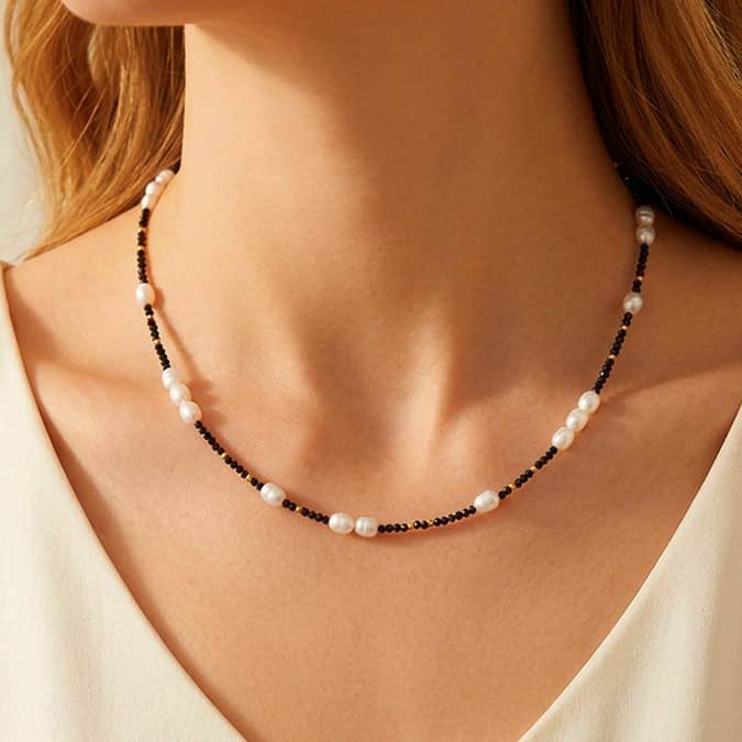 Freshwater Pearl and Black Natural Stone Bead Choker, 18K Gold Stainless Steel, Boho - main