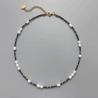 Freshwater Pearl and Black Natural Stone Bead Choker, 18K Gold Stainless Steel, Boho detail 3