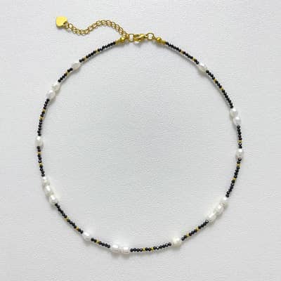 Freshwater Pearl and Black Natural Stone Bead Choker, 18K Gold Stainless Steel, Boho detail 5