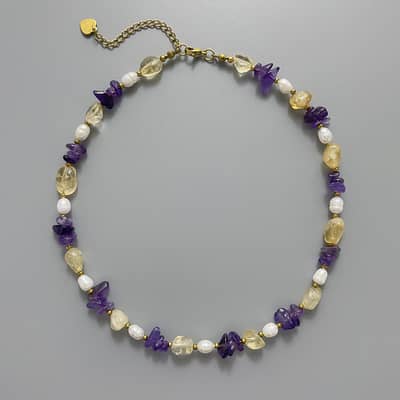 Natural Crystal and Freshwater Pearl Irregular Gemstone Choker, 18K Gold Clasp detail 3