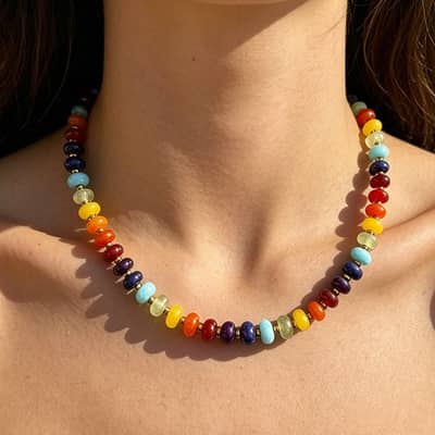 Colorful Natural Stone Beaded Necklace, 18K Gold Stainless Steel Waterproof detail 1