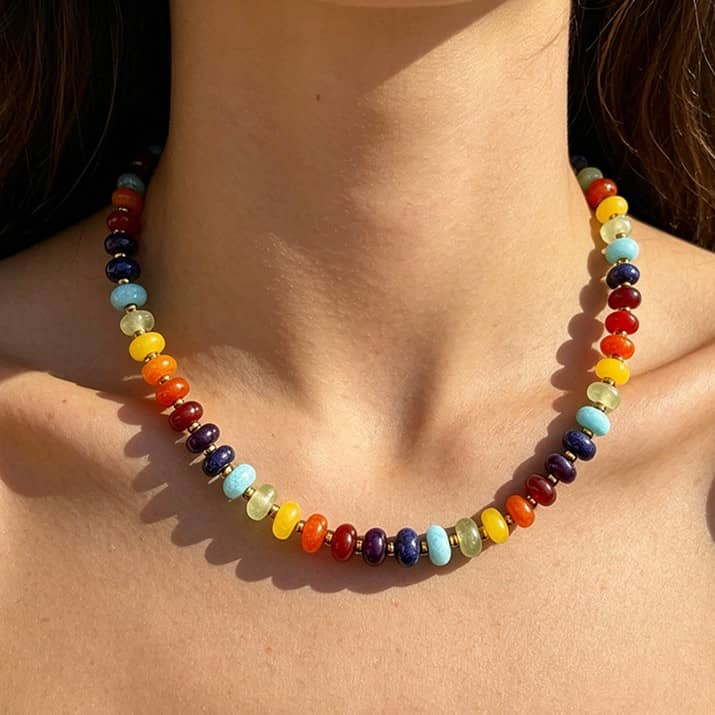 Colorful Natural Stone Beaded Necklace, 18K Gold Stainless Steel Waterproof - main