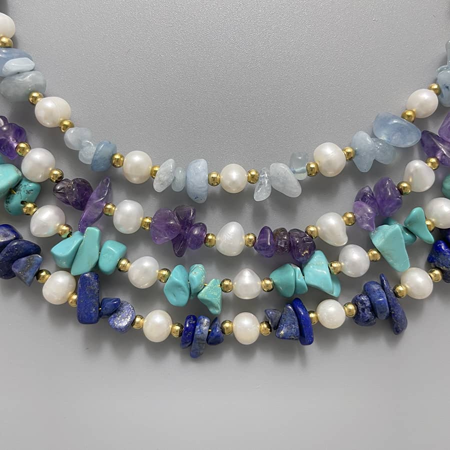 Natural Aquamarine Chips Bracelet Freshwater Pearl Beaded Bracelet Stainless Steel Gold Adjustable Necklace - main