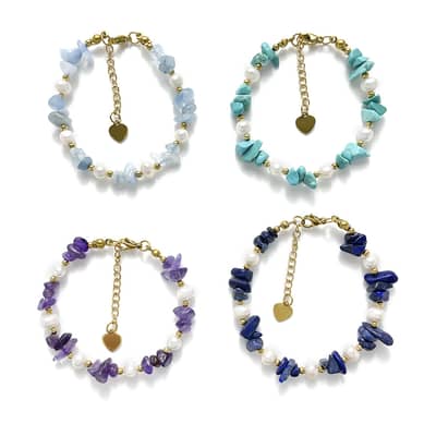 Natural Aquamarine Chips Bracelet Freshwater Pearl Beaded Bracelet Stainless Steel Gold Adjustable Necklace detail 2