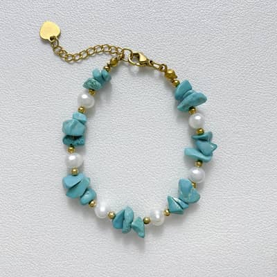 Natural Aquamarine Chips Bracelet Freshwater Pearl Beaded Bracelet Stainless Steel Gold Adjustable Necklace detail 4
