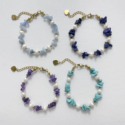Natural Aquamarine Chips Bracelet Freshwater Pearl Beaded Bracelet Stainless Steel Gold Adjustable Necklace detail 6