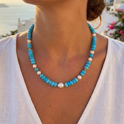 Turquoise and Natural Real Pearl Beaded Choker, 18K Gold Toggle Clasp detail 1