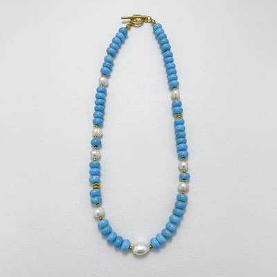 Turquoise and Natural Real Pearl Beaded Choker, 18K Gold Toggle Clasp detail 4