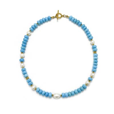 Turquoise and Natural Real Pearl Beaded Choker, 18K Gold Toggle Clasp detail 6