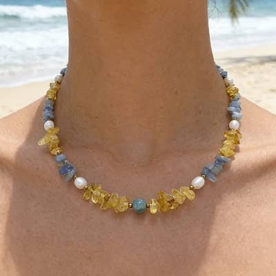 Bohemian Pebble and Natural Real Pearl Beaded Necklace, Stainless Steel detail 1