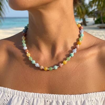 Colored Natural Stone Beaded Necklace, Bohemian Style, 18K Stainless Steel detail 1