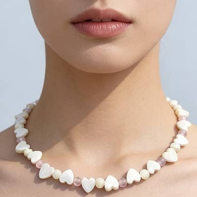 Bohemian Mother Pearl Heart Beaded Necklace, Pink Crystal Waterproof Stainless Steel detail 1
