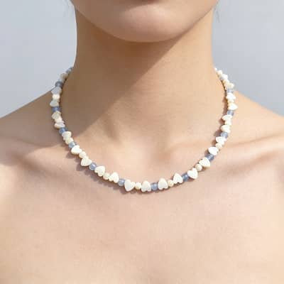 Bohemian Mother Pearl Heart Beaded Necklace, Pink Crystal Waterproof Stainless Steel detail 2