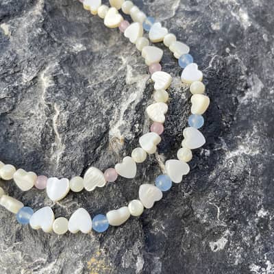 Bohemian Mother Pearl Heart Beaded Necklace, Pink Crystal Waterproof Stainless Steel detail 3