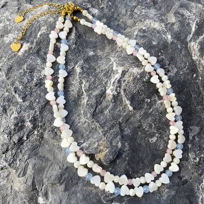 Bohemian Mother Pearl Heart Beaded Necklace, Pink Crystal Waterproof Stainless Steel detail 4