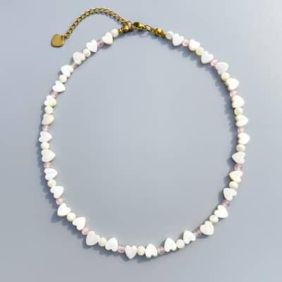 Bohemian Mother Pearl Heart Beaded Necklace, Pink Crystal Waterproof Stainless Steel detail 6