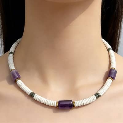 Bohemian Amethyst White Shell Beaded Necklace, Waterproof Stainless Steel 18K Gold detail 1