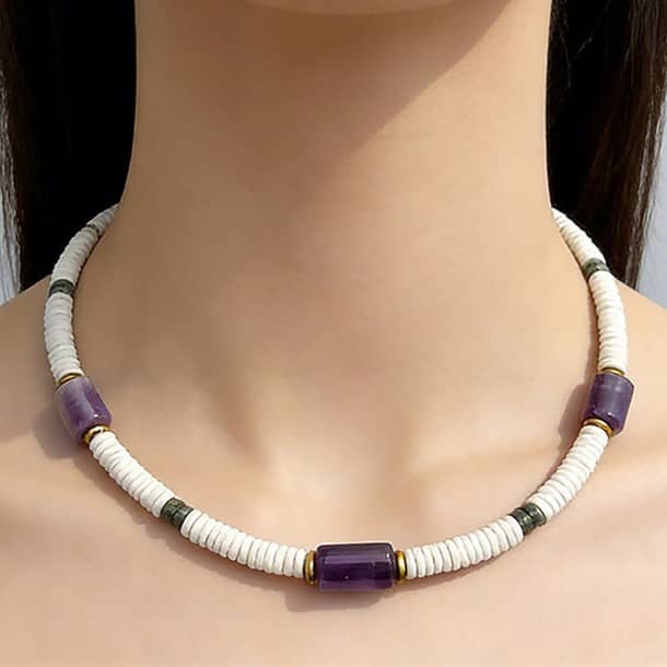 Bohemian Amethyst White Shell Beaded Necklace, Waterproof Stainless Steel 18K Gold - main