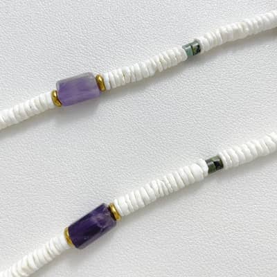 Bohemian Amethyst White Shell Beaded Necklace, Waterproof Stainless Steel 18K Gold detail 2