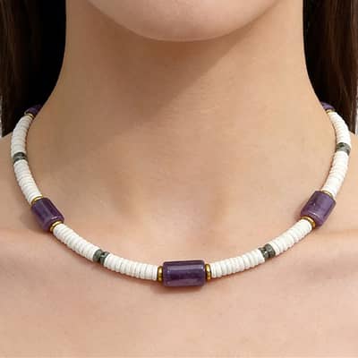Bohemian Amethyst White Shell Beaded Necklace, Waterproof Stainless Steel 18K Gold detail 3