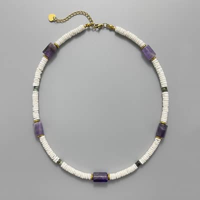 Bohemian Amethyst White Shell Beaded Necklace, Waterproof Stainless Steel 18K Gold detail 4