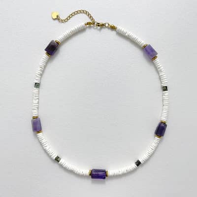 Bohemian Amethyst White Shell Beaded Necklace, Waterproof Stainless Steel 18K Gold detail 5