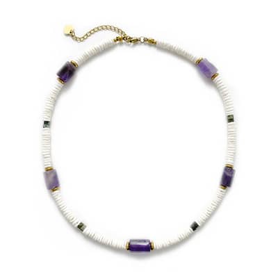 Bohemian Amethyst White Shell Beaded Necklace, Waterproof Stainless Steel 18K Gold detail 6