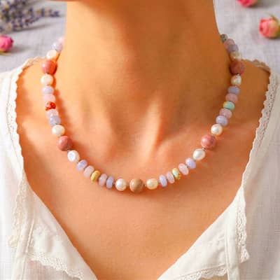 Bohemian Mix Colors Natural Stone Freshwater Pearl Beaded Necklace, Waterproof Stainless Steel detail 1