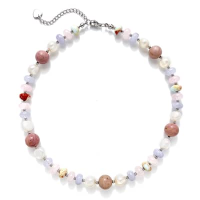 Bohemian Mix Colors Natural Stone Freshwater Pearl Beaded Necklace, Waterproof Stainless Steel detail 6