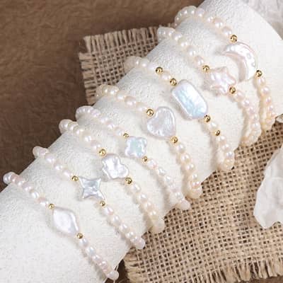 INS Style Natural Baroque Pearl Bracelet Creative Design Elastic Moon Star Pearl Bracelet Party Gift detail 2