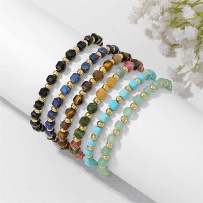 Faceted Natural Stone Square Beads Bracelet Waterproof Stainless Steel Bead Elastic Rope Bracelet Party Gift detail 2