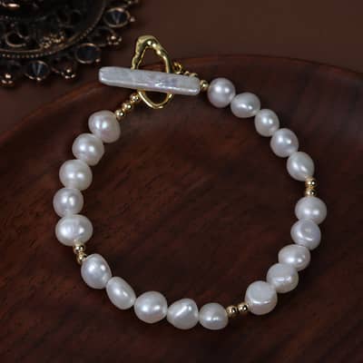 Vintage Style Natural Pearl Handmade Bracelet Baroque Freshwater Pearl OT Clasp Bangle Jewelry Gift detail 2