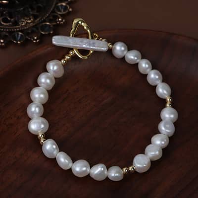 Vintage Style Natural Pearl Handmade Bracelet Baroque Freshwater Pearl OT Clasp Bangle Jewelry Gift detail 5
