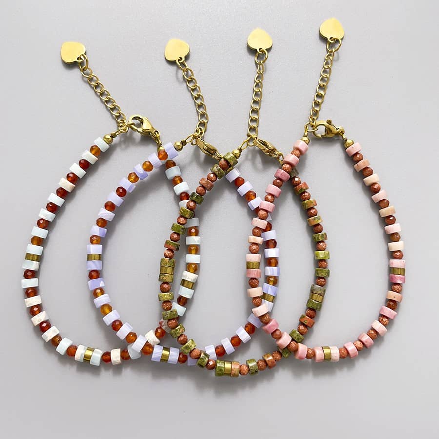 Bohemian Colored Natural Stone Beaded Bracelet Stackable Waterproof Stainless Steel 18K - main