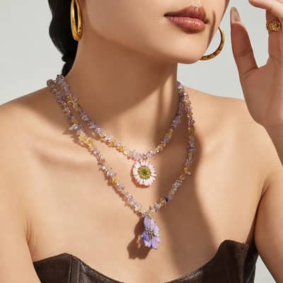 Natural Crystal Resin Dried Flower Pendant Necklace, 18K Gold Waterproof detail 3