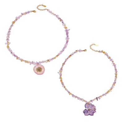 Natural Crystal Resin Dried Flower Pendant Necklace, 18K Gold Waterproof detail 6