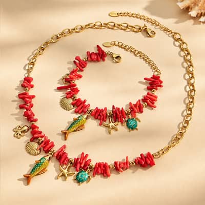 Summer Ocean Multi-Pendant Turtle Starfish Zircon Stainless Steel Necklace and Bracelet Set detail 1