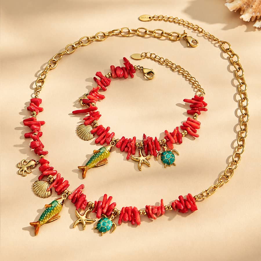 Summer Ocean Multi-Pendant Turtle Starfish Zircon Stainless Steel Necklace and Bracelet Set - main