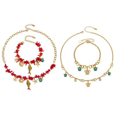 Summer Ocean Multi-Pendant Turtle Starfish Zircon Stainless Steel Necklace and Bracelet Set detail 2