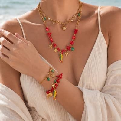 Summer Ocean Multi-Pendant Turtle Starfish Zircon Stainless Steel Necklace and Bracelet Set detail 3