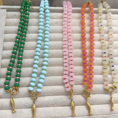 Multicolor Abacus Natural Stone Beaded Necklace, Waterproof Stainless Steel Gold Fish Pendant detail 1